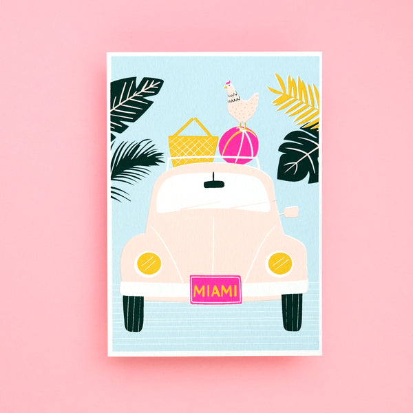 Miami screen print. Pink car with beach items on top set on a beachy background.
