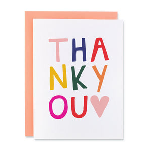 A colorful thank you greeting card with the word "thank you" in different colors